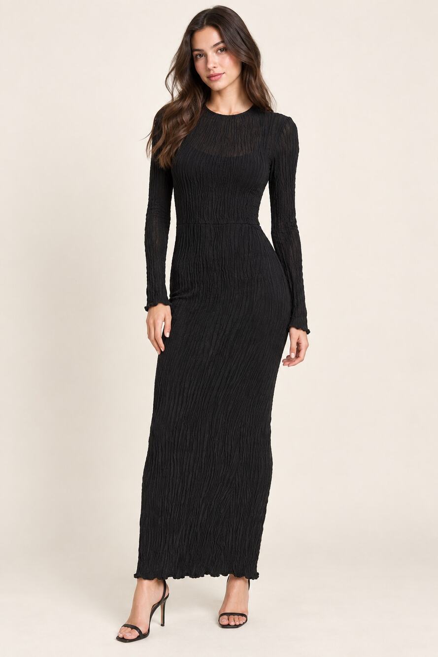DISSH Black Crinkle Linen Maxi Dress with Slip US 4 AU 8 Long Sleeve Keyhole